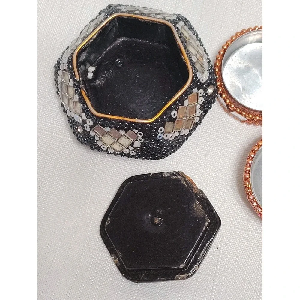 Hand Made Mosaic Beaded Bejeweled Tin And Wood Jewelry Trinket Boxes Lot Of 3